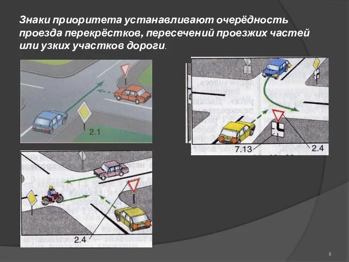 Знаки приоритета устанавливают очерёдность проезда перекрёстков, пересечений проезжих частей или узких участков дороги.