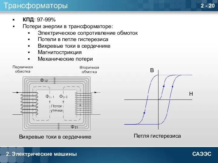 2. Электрические машины 2 - Трансформаторы КПД: 97-99% Потери энергии