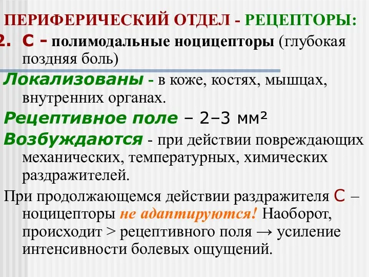 ПЕРИФЕРИЧЕСКИЙ ОТДЕЛ - РЕЦЕПТОРЫ: С - полимодальные ноцицепторы (глубокая поздняя