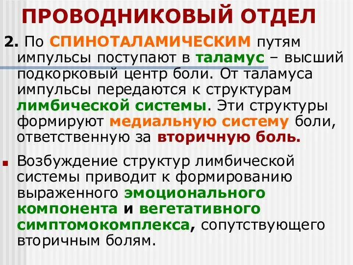 ПРОВОДНИКОВЫЙ ОТДЕЛ 2. По СПИНОТАЛАМИЧЕСКИМ путям импульсы поступают в таламус