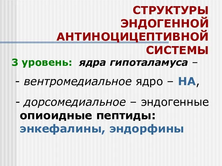 СТРУКТУРЫ ЭНДОГЕННОЙ АНТИНОЦИЦЕПТИВНОЙ СИСТЕМЫ 3 уровень: ядра гипоталамуса – -