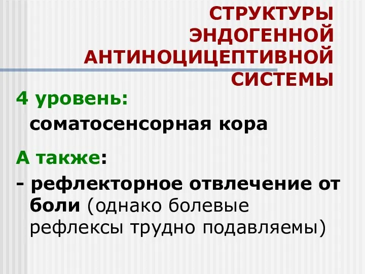 СТРУКТУРЫ ЭНДОГЕННОЙ АНТИНОЦИЦЕПТИВНОЙ СИСТЕМЫ 4 уровень: соматосенсорная кора А также: