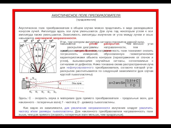 АКУСТИЧЕСКОЕ ПОЛЕ ПРЕОБРАЗОВАТЕЛЯ (продолжение) Акустическое поле преобразователя в общем случае