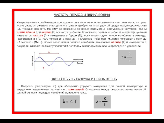 ЧАСТОТА, ПЕРИОД И ДЛИНА ВОЛНЫ Ультразвуковые колебания распространяются в виде