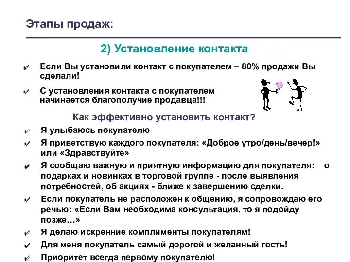 Этапы продаж: 2) Установление контакта Если Вы установили контакт с