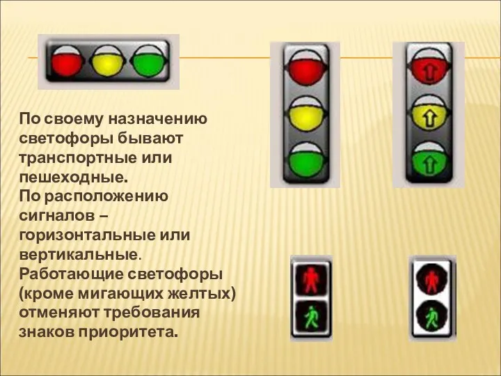 По своему назначению светофоры бывают транспортные или пешеходные. По расположению