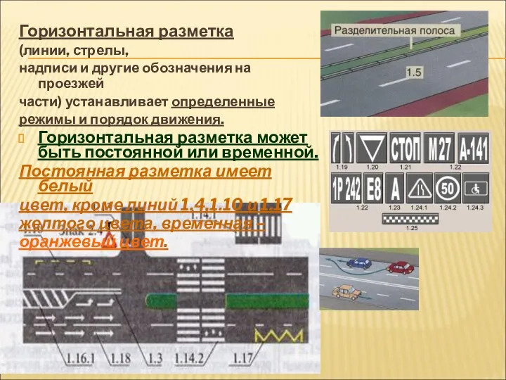 ВИДЫ ДОРОЖНОЙ РАЗМЕТКИ Горизонтальная разметка (линии, стрелы, надписи и другие