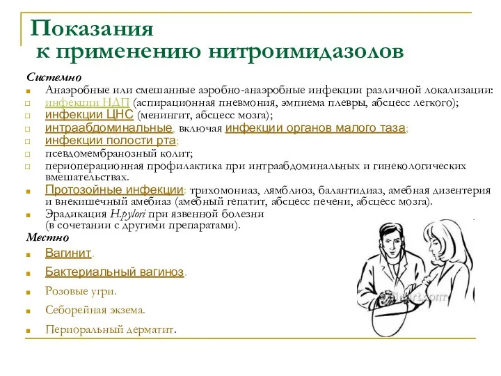 Показания к применению нитроимидазолов Системно Анаэробные или смешанные аэробно-анаэробные инфекции