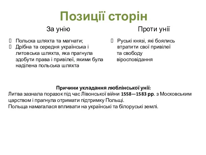 Позиції сторін Причини укладання люблінської унії: Литва зазнала поразок під