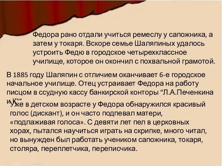 Федора рано отдали учиться ремеслу у сапожника, а затем у токаря. Вскоре семье