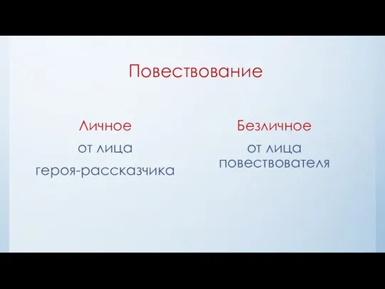 Повествование Личное от лица героя-рассказчика Безличное от лица повествователя