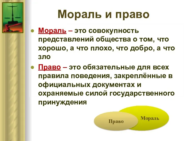 Мораль и право Мораль – это совокупность представлений общества о