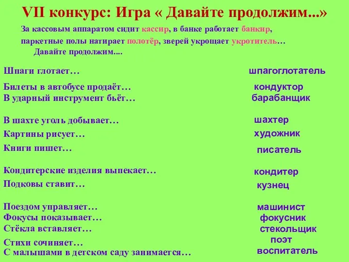 VII конкурс: Игра « Давайте продолжим...» За кассовым аппаратом сидит