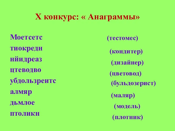 X конкурс: « Анаграммы» Моетсетс тиокредн нйидреаз цтеводво убдользреитс алмяр