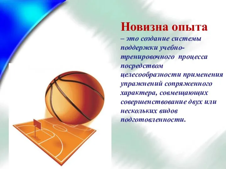 Новизна опыта – это создание системы поддержки учебно-тренировочного процесса посредством