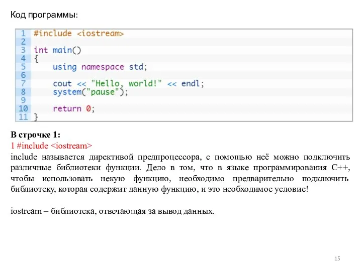 Код программы: В строчке 1: 1 #include include называется директивой