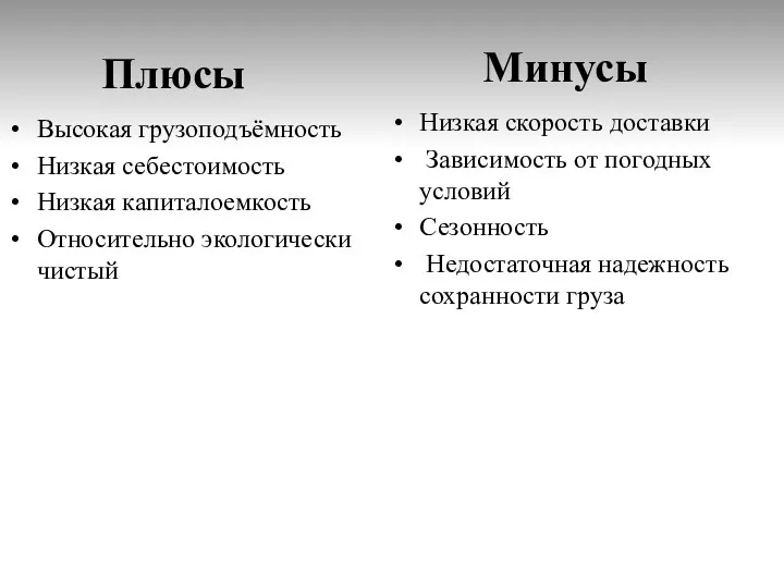 Плюсы Высокая грузоподъёмность Низкая себестоимость Низкая капиталоемкость Относительно экологически чистый