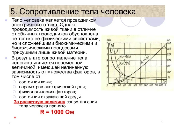 * 5. Сопротивление тела человека Тело человека является проводником электрического