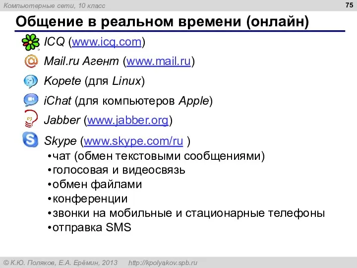 Общение в реальном времени (онлайн) ICQ (www.icq.com) Mail.ru Агент (www.mail.ru) Kopete (для Linux)