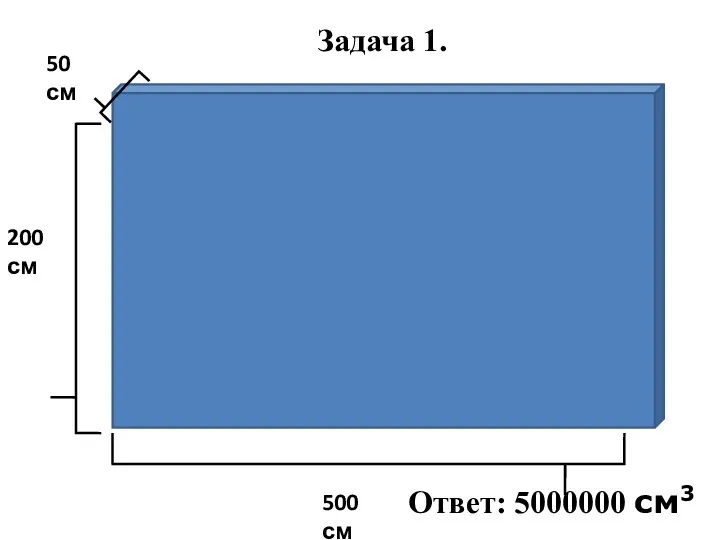 200 см 500 см 50 см Задача 1. Ответ: 5000000 см3