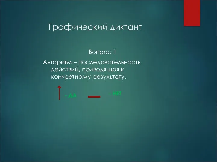 Графический диктант Вопрос 1 Алгоритм – последовательность действий, приводящая к конкретному результату. - ДА - НЕТ