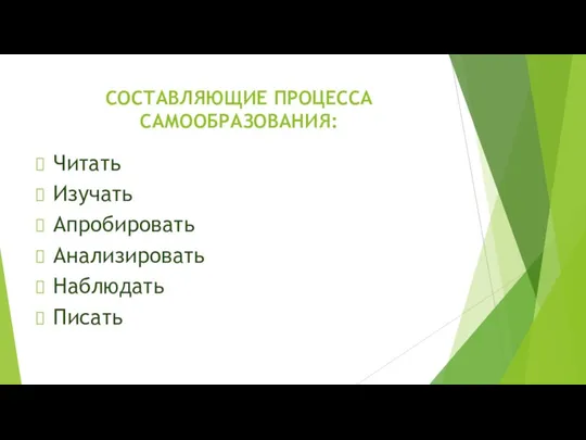 СОСТАВЛЯЮЩИЕ ПРОЦЕССА САМООБРАЗОВАНИЯ: Читать Изучать Апробировать Анализировать Наблюдать Писать