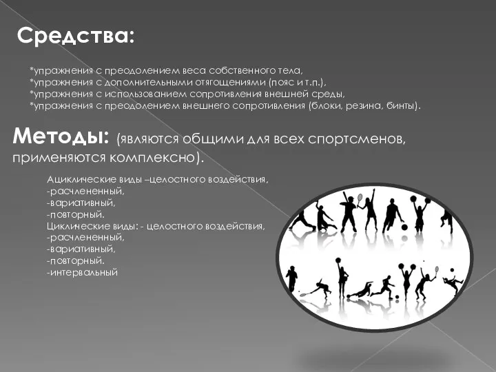 Средства: *упражнения с преодолением веса собственного тела, *упражнения с дополнительными