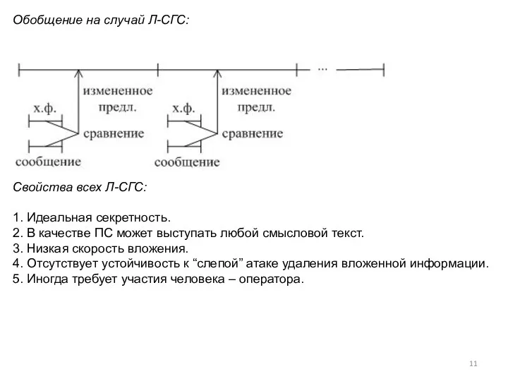 Обобщение на случай Л-СГС: Свойства всех Л-СГС: 1. Идеальная секретность. 2. В качестве