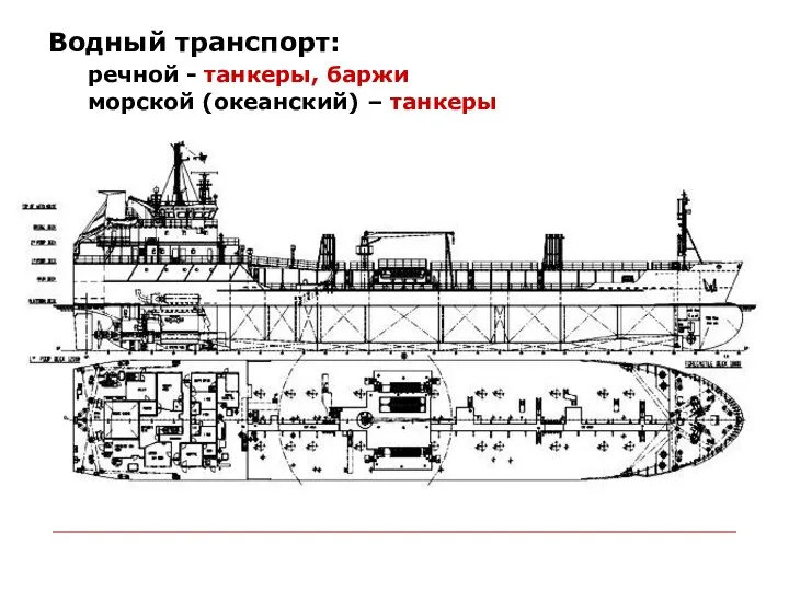 Водный транспорт: речной - танкеры, баржи морской (океанский) – танкеры