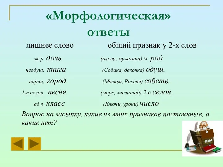 «Морфологическая» ответы лишнее слово общий признак у 2-х слов ж.р.