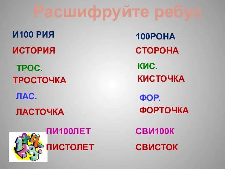 Расшифруйте ребус И100 РИЯ ИСТОРИЯ СТОРОНА 100РОНА ТРОС. ТРОСТОЧКА КИС. КИСТОЧКА ЛАС. ЛАСТОЧКА