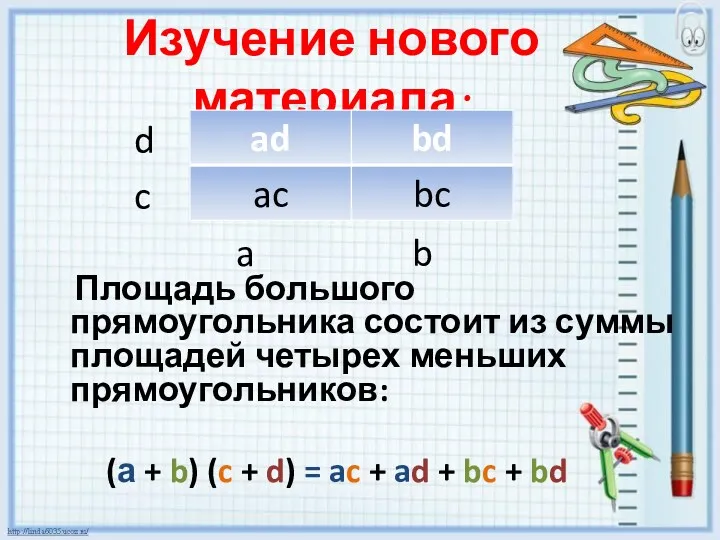 Изучение нового материала: Площадь большого прямоугольника состоит из суммы площадей