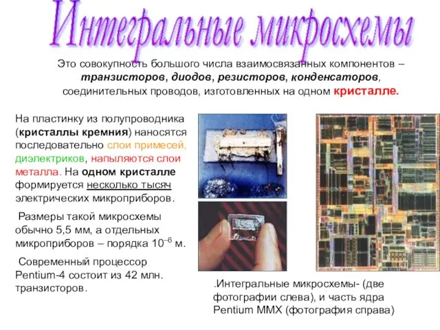 Интегральные микросхемы .Интегральные микросхемы- (две фотографии слева), и часть ядра