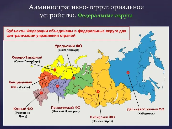 Административно-территориальное устройство. Федеральные округа Уральский ФО (Екатеринбург) Дальневосточный ФО (Хабаровск)