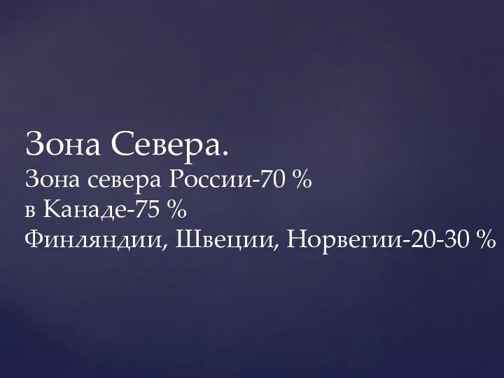 Зона Севера. Зона севера России-70 % в Канаде-75 % Финляндии, Швеции, Норвегии-20-30 %