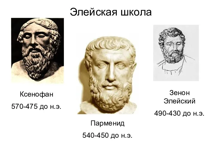 Элейская школа Ксенофан 570-475 до н.э. Парменид 540-450 до н.э. Зенон Элейский 490-430 до н.э.