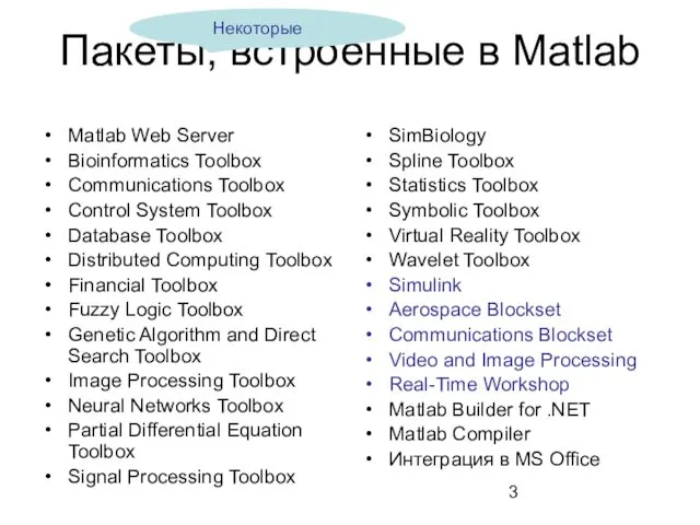 Пакеты, встроенные в Matlab Matlab Web Server Bioinformatics Toolbox Communications Toolbox Control System