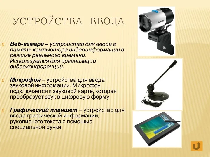 УСТРОЙСТВА ВВОДА Веб-камера – устройство для ввода в память компьютера