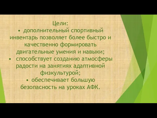 Цели: • дополнительный спортивный инвентарь позволяет более быстро и качественно