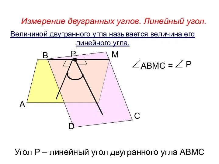 Измерение двугранных углов. Линейный угол. А В М D Р