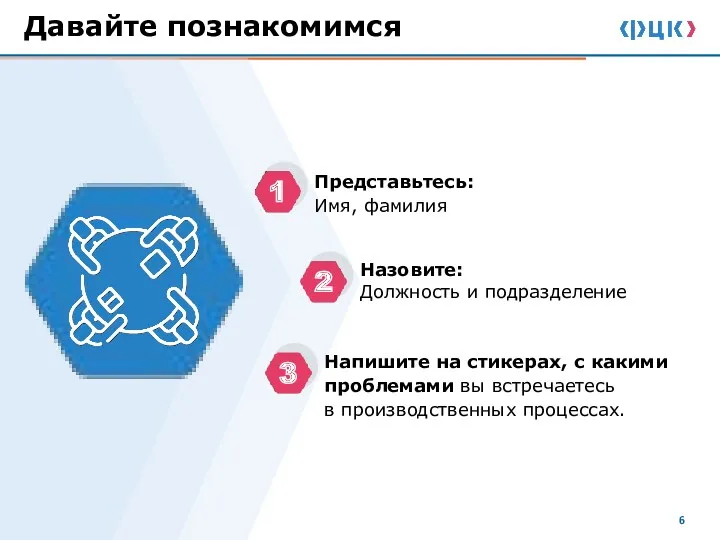 Давайте познакомимся Представьтесь: Имя, фамилия Назовите: Должность и подразделение Напишите