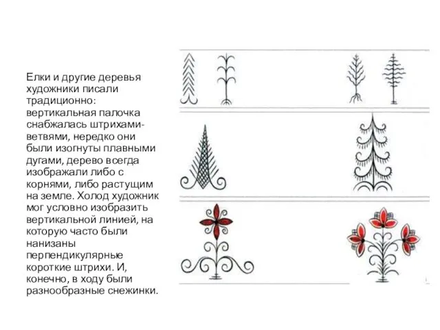 Елки и другие деревья художники писали традиционно: вертикальная палочка снабжалась