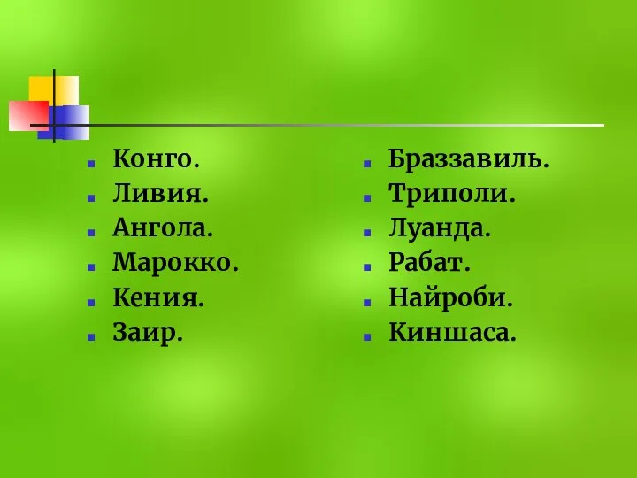 Конго. Ливия. Ангола. Марокко. Кения. Заир. Браззавиль. Триполи. Луанда. Рабат. Найроби. Киншаса.