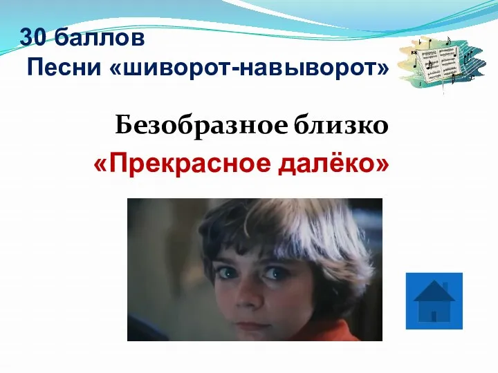 30 баллов Песни «шиворот-навыворот» Безобразное близко «Прекрасное далёко»