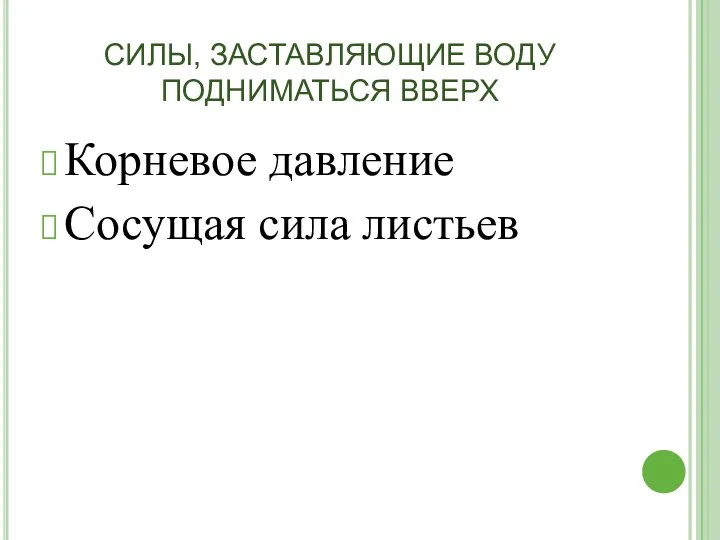 СИЛЫ, ЗАСТАВЛЯЮЩИЕ ВОДУ ПОДНИМАТЬСЯ ВВЕРХ Корневое давление Сосущая сила листьев