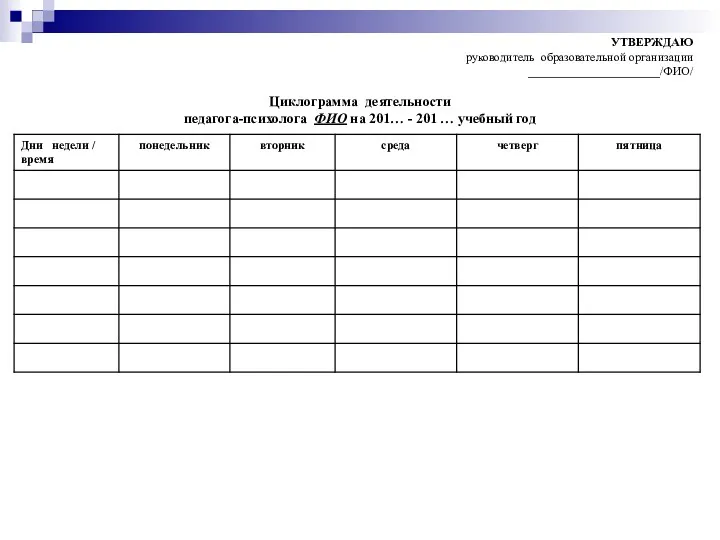 УТВЕРЖДАЮ руководитель образовательной организации ______________________/ФИО/ Циклограмма деятельности педагога-психолога ФИО на 201… - 201 … учебный год