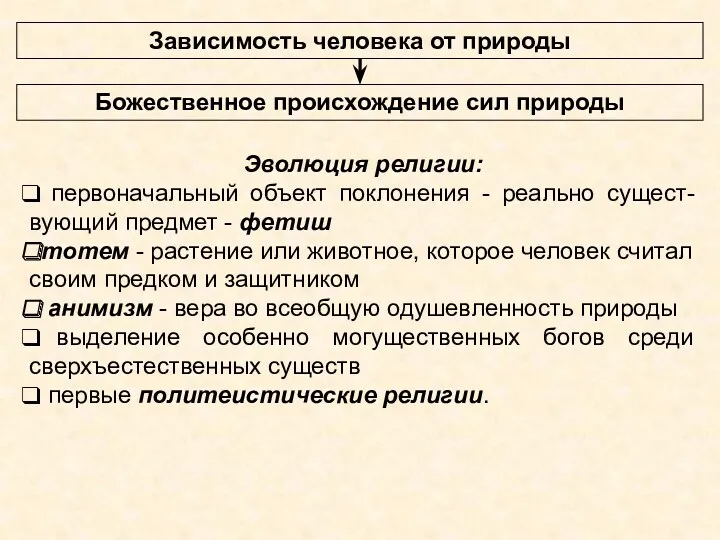 Эволюция религии: первоначальный объект поклонения - реально сущест-вующий предмет -