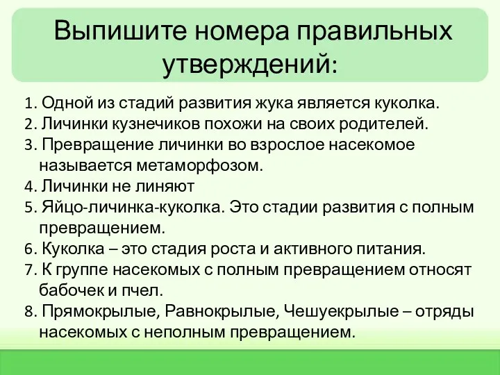 Выпишите номера правильных утверждений: 1. Одной из стадий развития жука является куколка. 2.