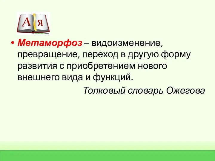 Метаморфоз – видоизменение, превращение, переход в другую форму развития с приобретением нового внешнего