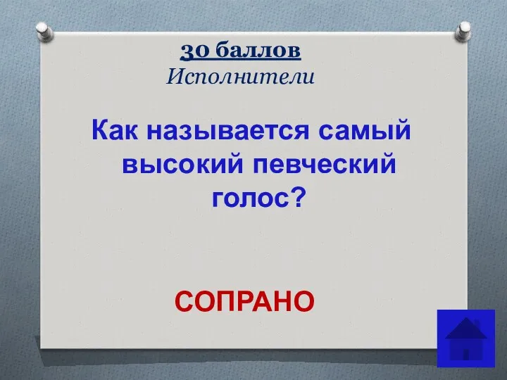 30 баллов Исполнители Как называется самый высокий певческий голос? СОПРАНО